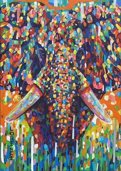 Eléphant sur toile de jute tendus sur châssis techniques mixtes